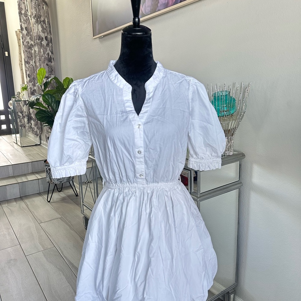 Women’s White Puff-Sleeve Midi Dress with Elastic Waist